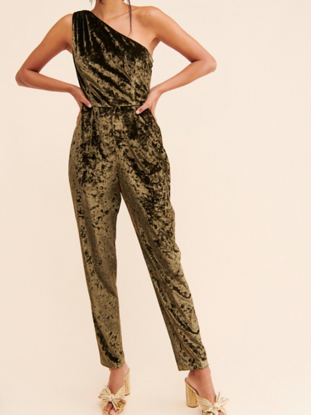 Hutch One Shoulder Velvet Jumpsuit Olive Green 4 Party Holiday Cocktail 90's